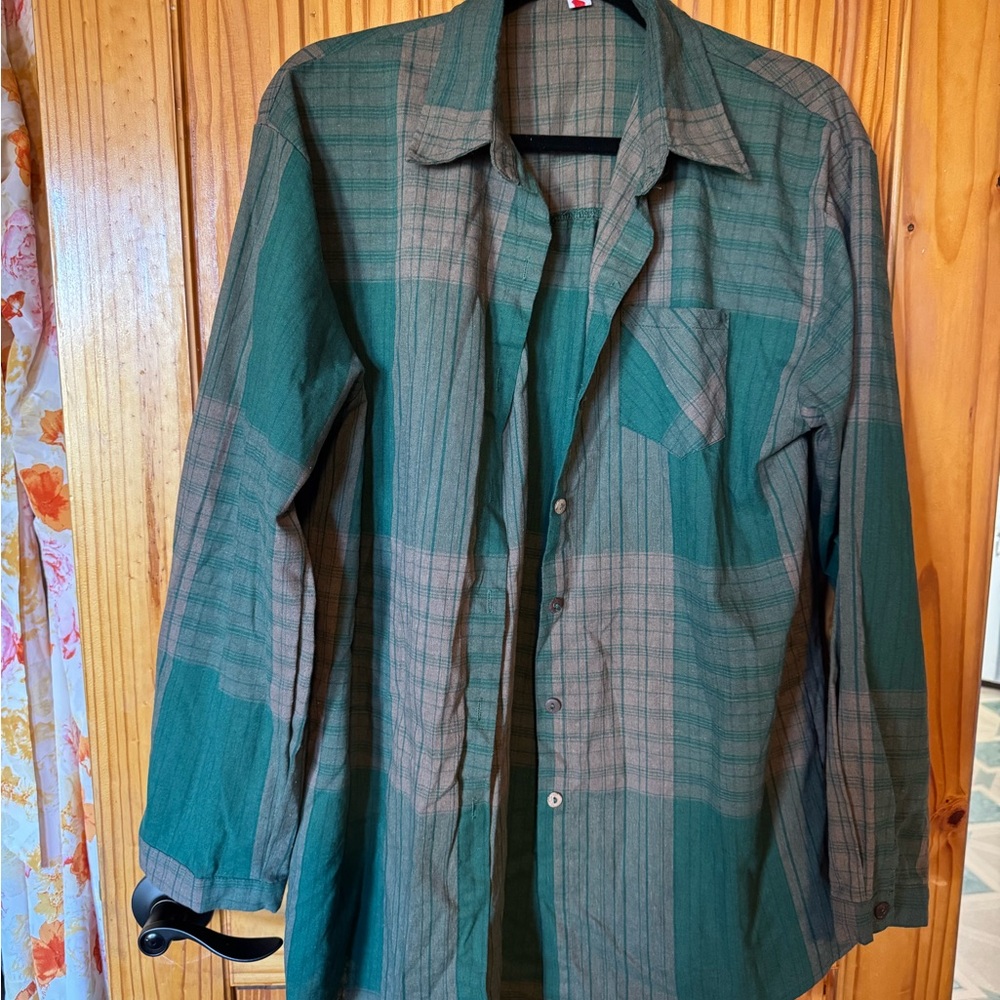 Green and Brown Plaid Button-Up Shirt